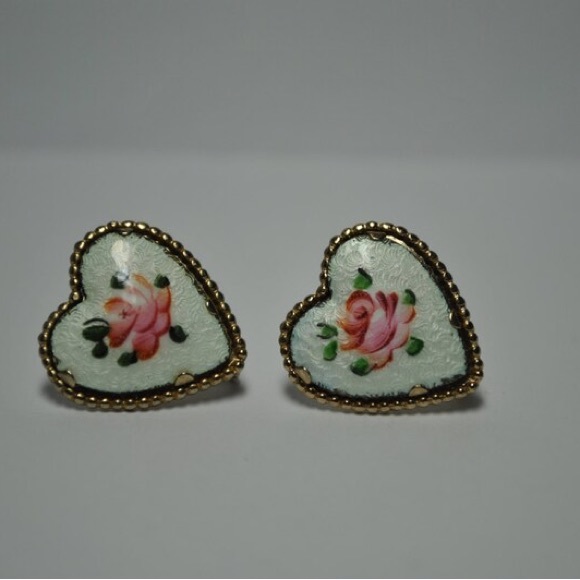 Signed Pegasus Coro Goldtone Heart Shaped Guilloche Earrings - Picture 2 of 5